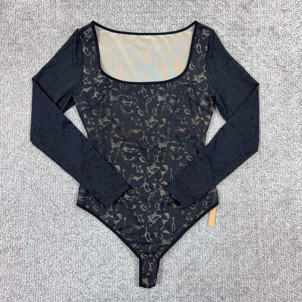Shapellx Shapewear Bodysuit Womens Medium Black Long Sleeve Mesh Lined Thong